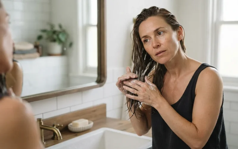 a woman applying a hair mask in a bathroom