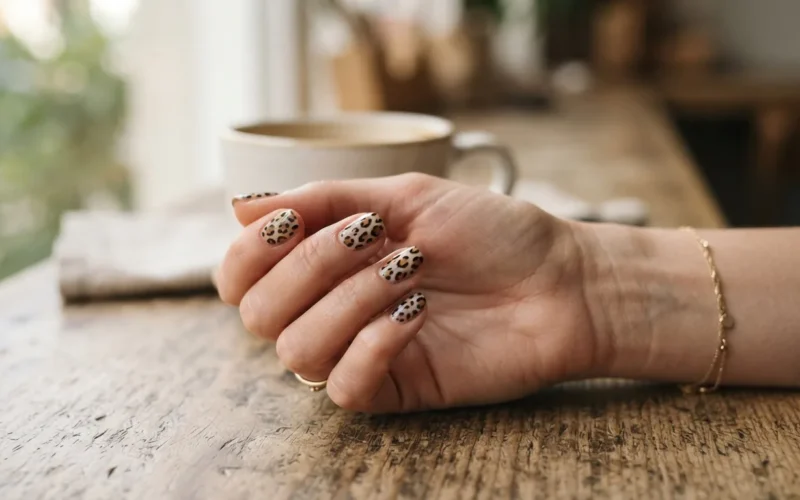 a woman's hand with leopard print nail polish
