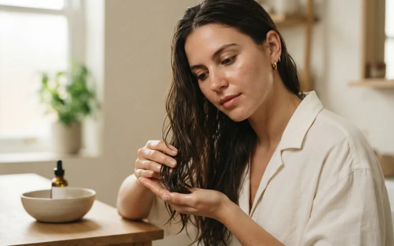 a woman applying oil to her hair