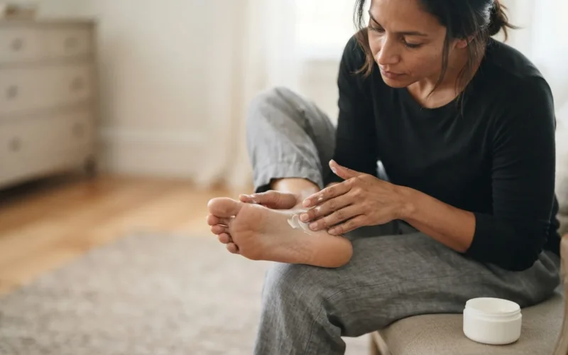 a person applying cream to their foot