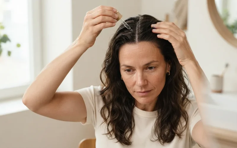 a woman applying a hair product to her scalp