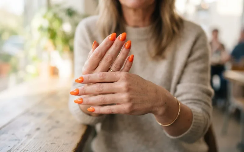 a woman showing her hands with bright orange nail polish