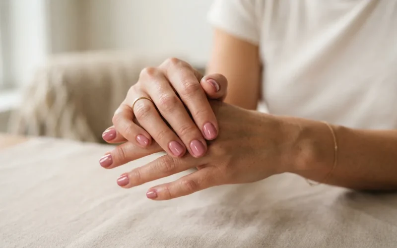 a woman's hands with painted nails on a neutral background