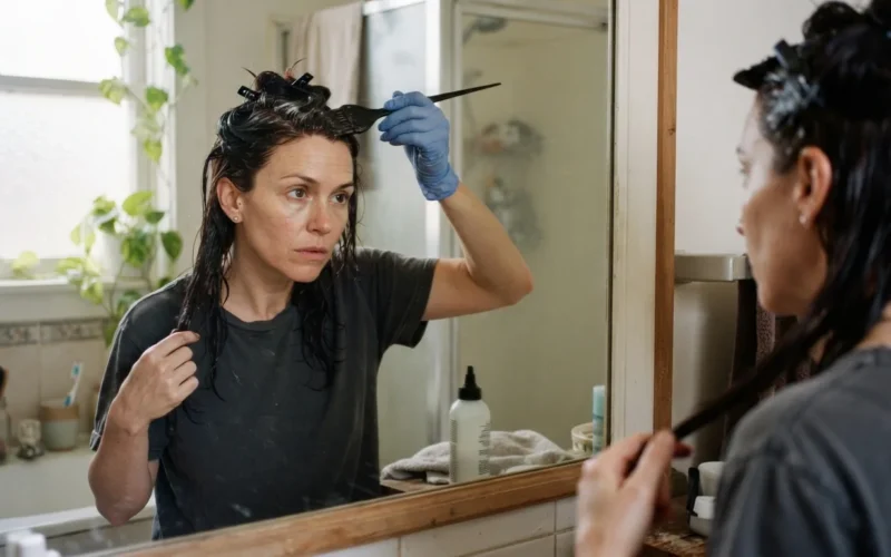 a woman applying hair dye in a bathroom mirror