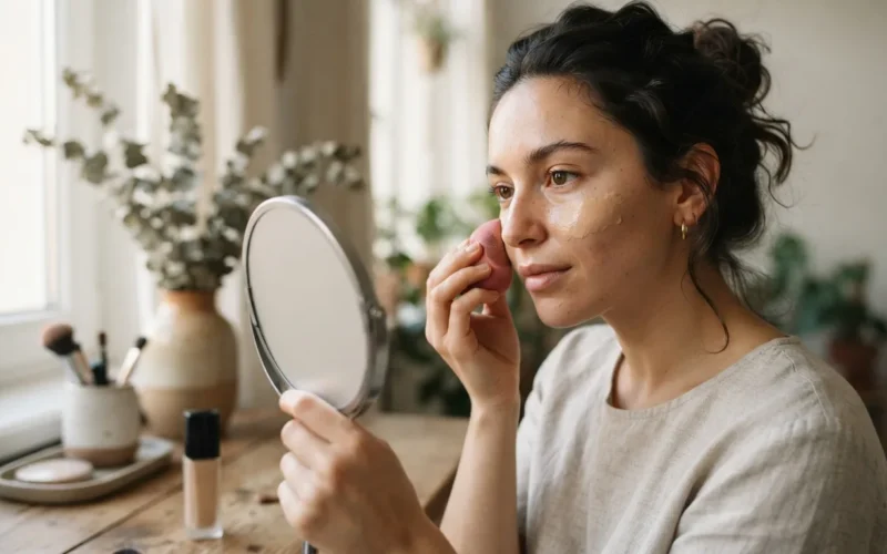 a woman applying foundation to her face