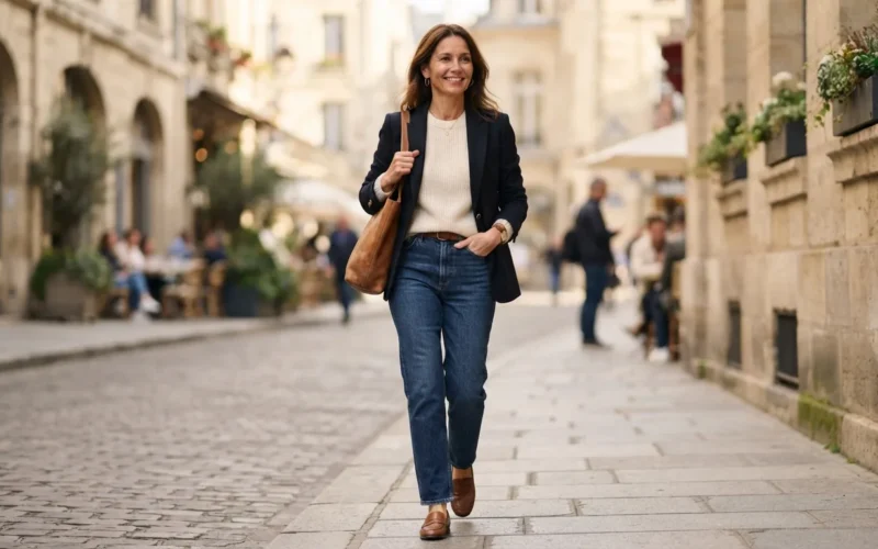 a stylish woman in her 40s wearing high-waist jeans