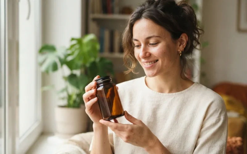 a woman holding a supplement bottle