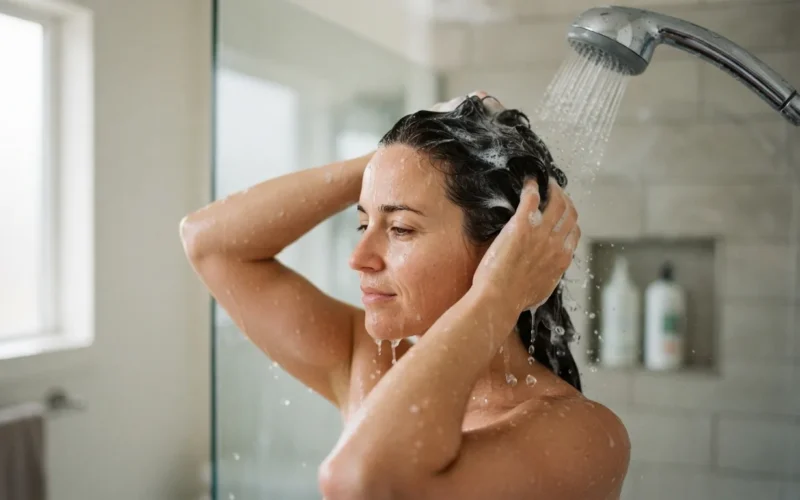 a woman washing her hair in a shower