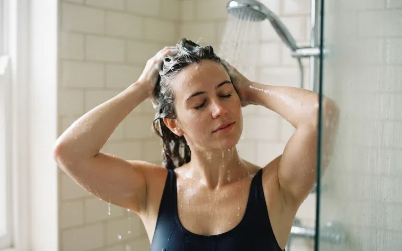 a woman washing her hair with shampoo in a shower