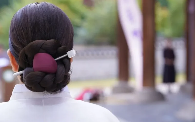 A close-up of a woman's elegant braided updo with a hairpin, captured from behind in an outdoor setting.