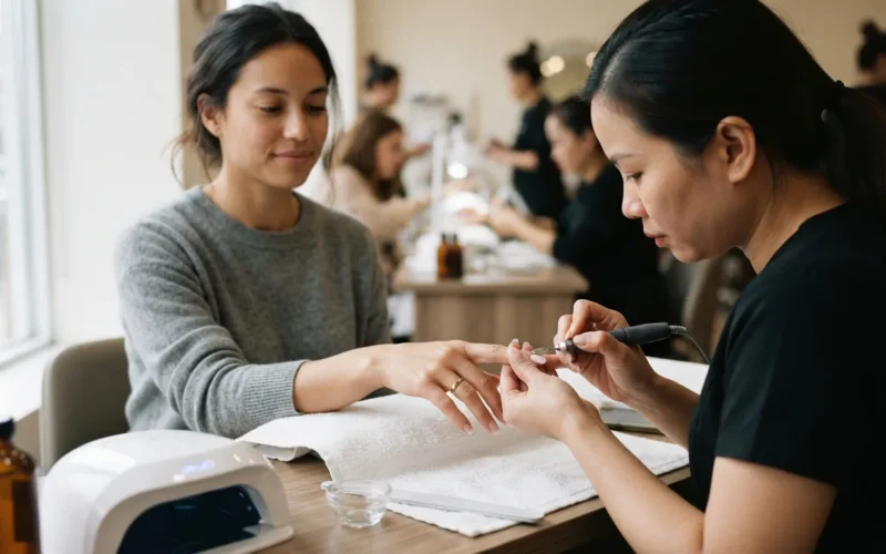 a woman having her nails extended at a salon