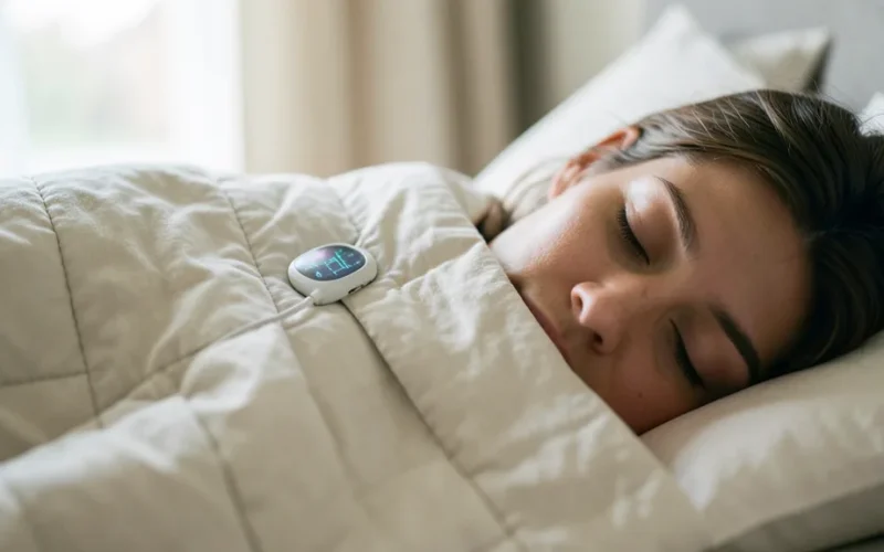 a person sleeping under a weighted blanket with a heart rate monitor