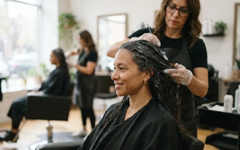 a woman having her hair treated at a salon