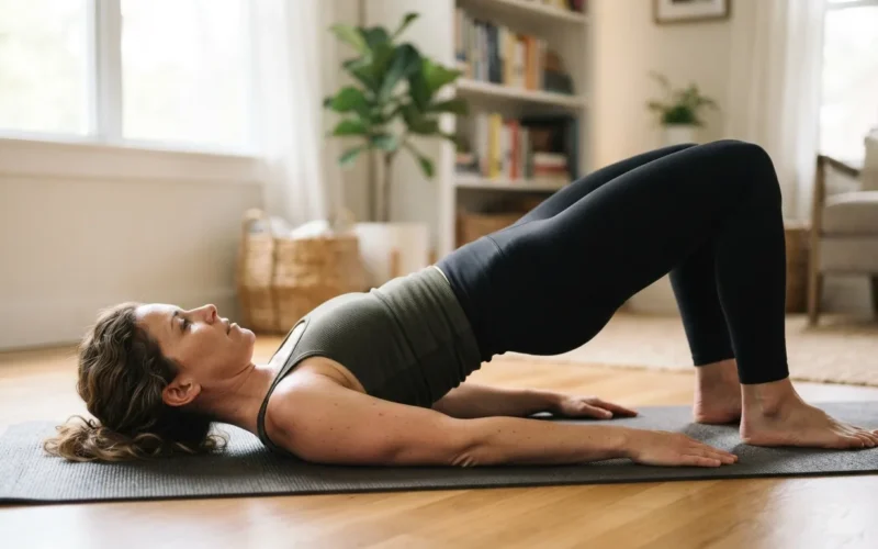 a woman doing a hip exercise on a mat at home