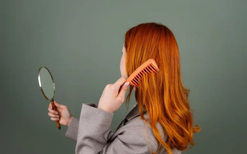 Red-haired woman using a comb while holding a mirror, focusing on hair care and beauty.