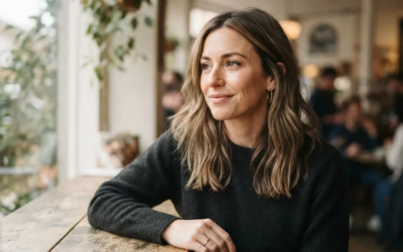 a woman with layered shoulder-length hair