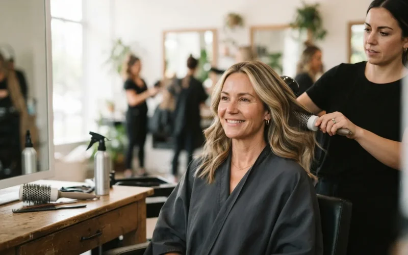 a woman with highlighted hair at a hair salon