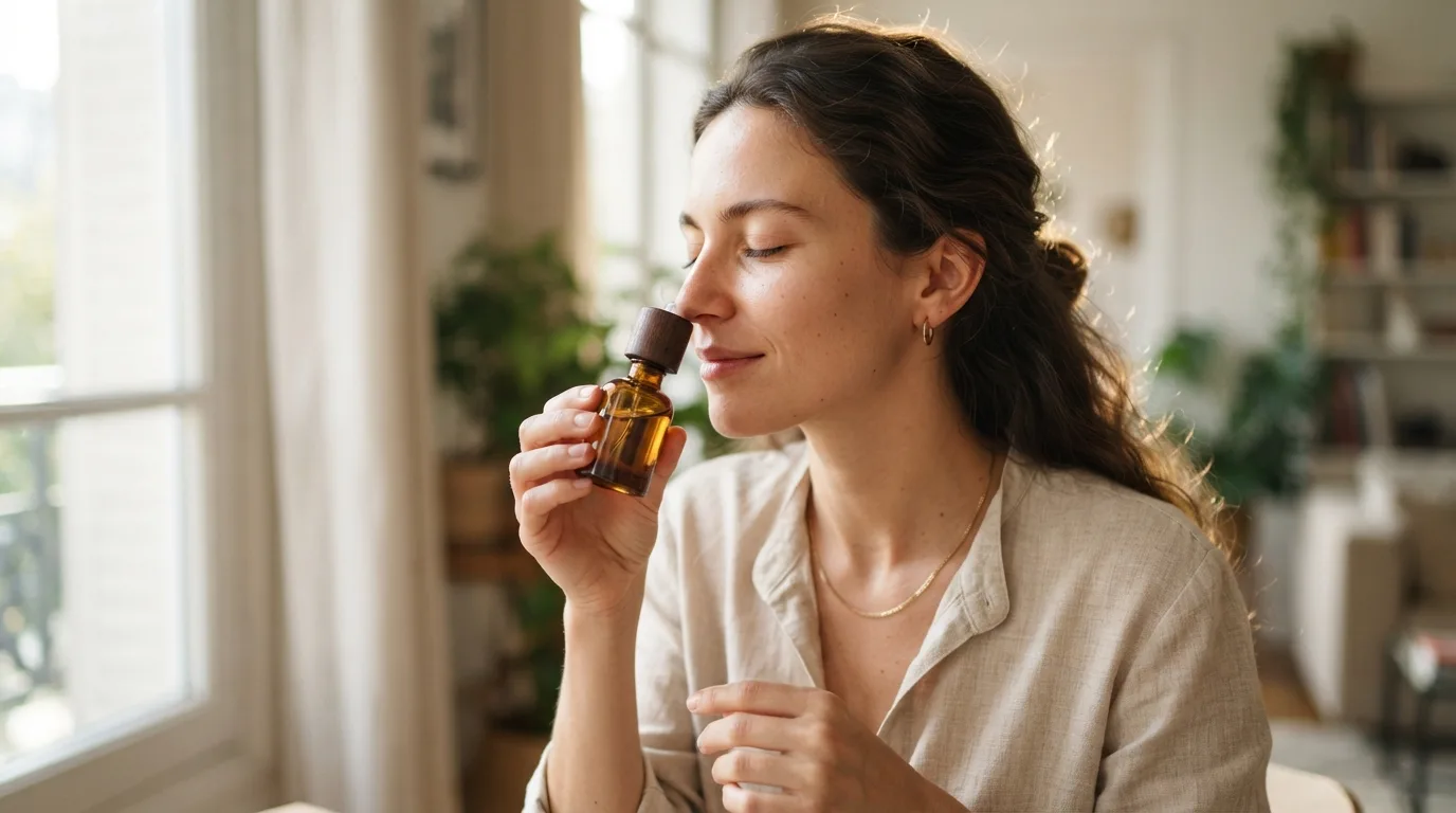 a woman smelling perfume from a bottle