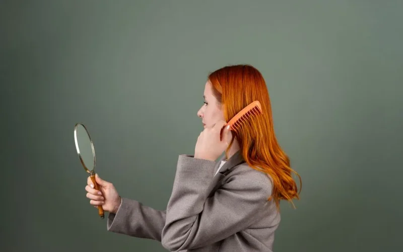 Side profile of a woman combing her hair and looking in a handheld mirror.