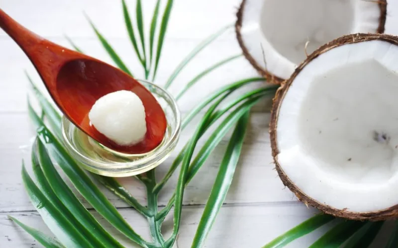 A close-up of organic coconut oil on a wooden spoon beside fresh coconut and palm leaves.