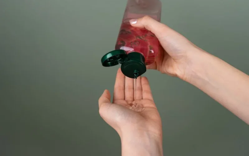 Close-up of hands dispensing liquid gel from a bottle with green cap.