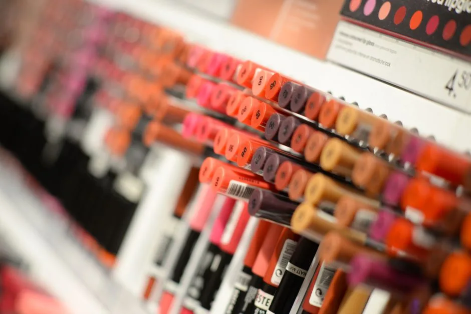 Close-up of diverse lipsticks in a store showcasing various shades and brands for beauty enthusiasts.